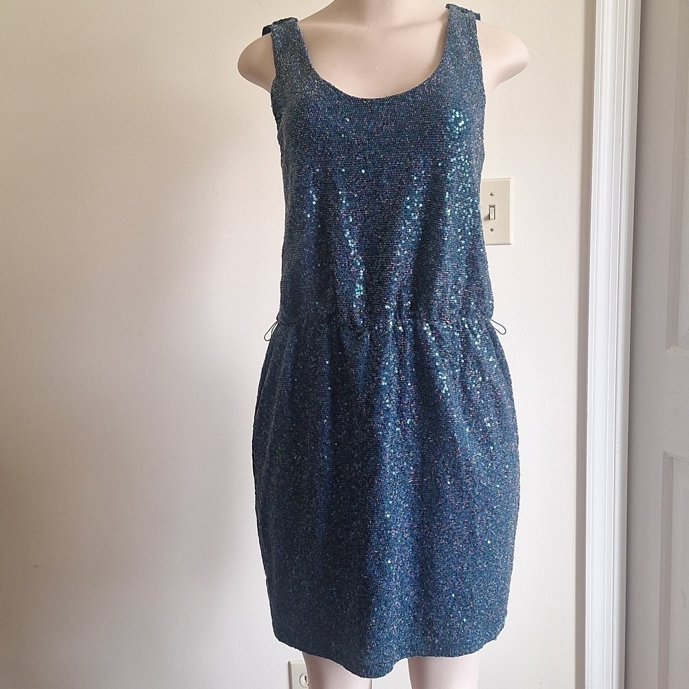 Express Modern Showgirl Teal Sequin Mini Dress Size M - Picture 2 of 10